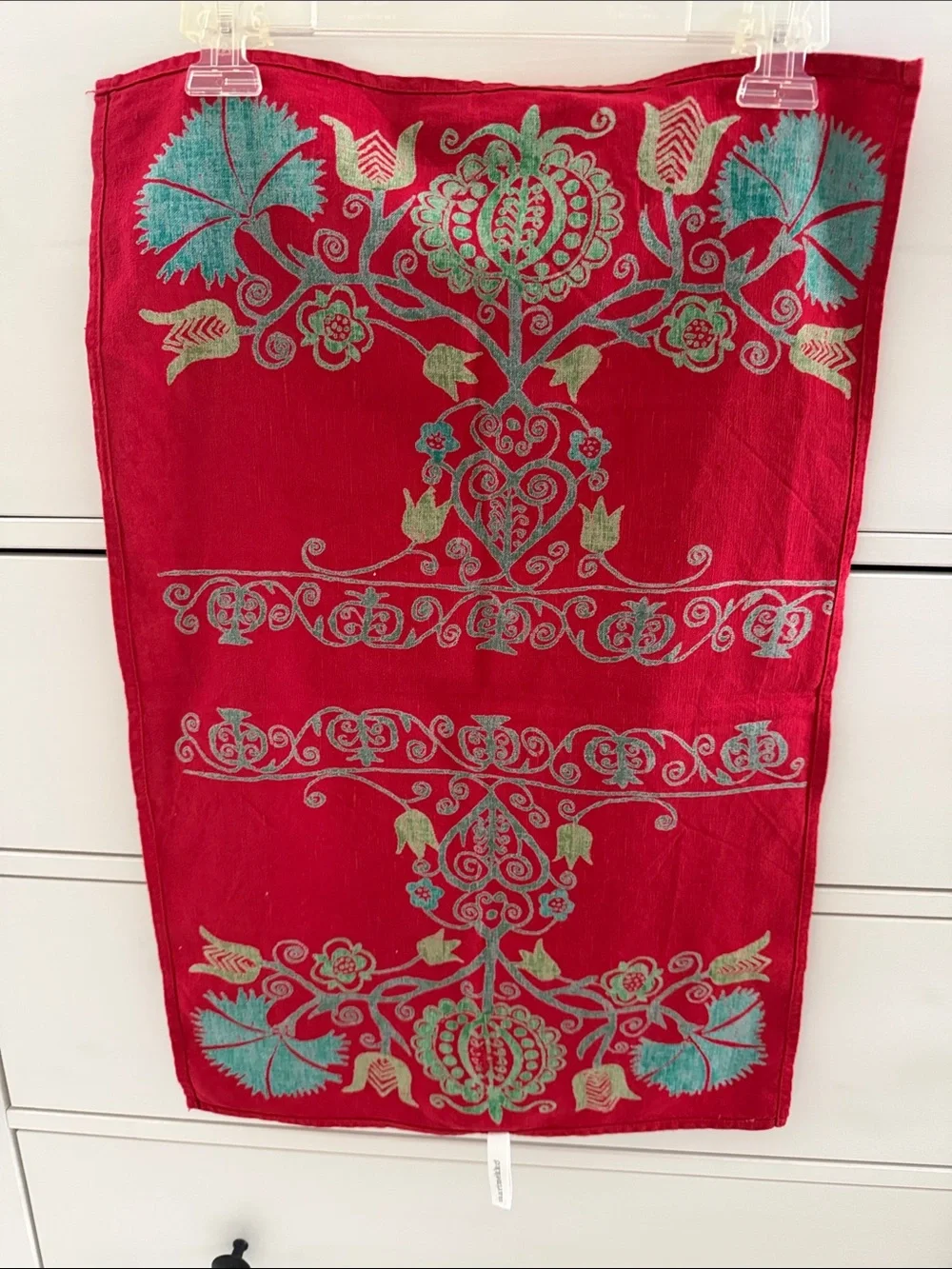 Marimekko Red Tea Towel with Teal and Green Floral Motif Granaattiomena Pattern